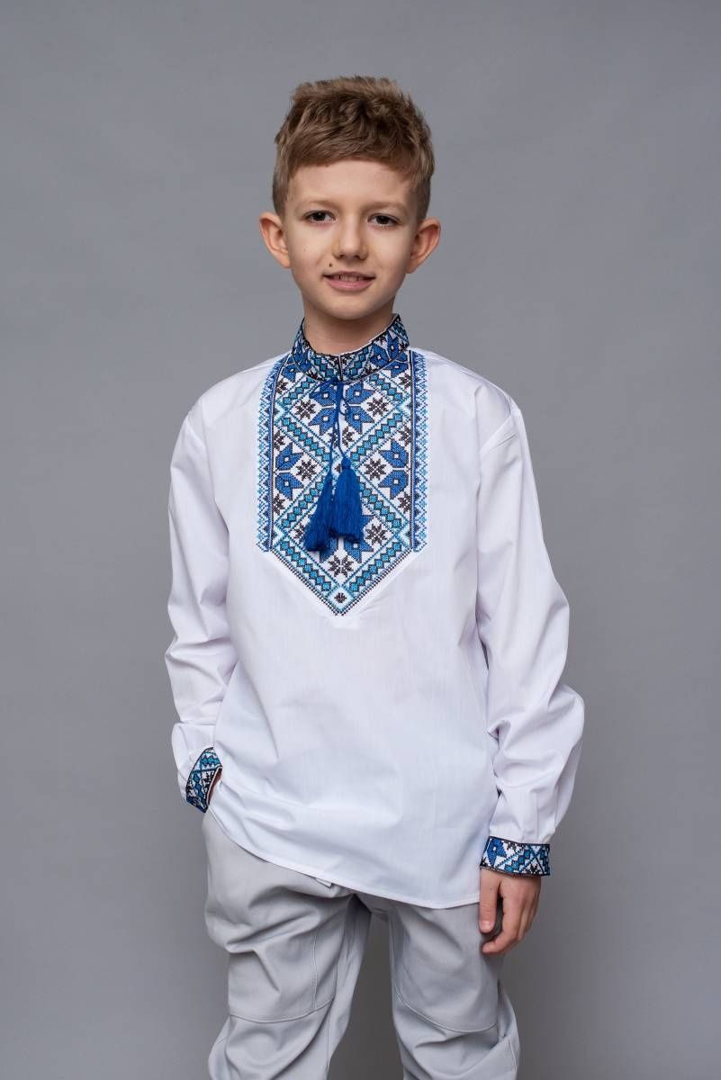 Подростковая вышиванка для мальчика Синяя (цветок), 5-6 лет 5529 фото